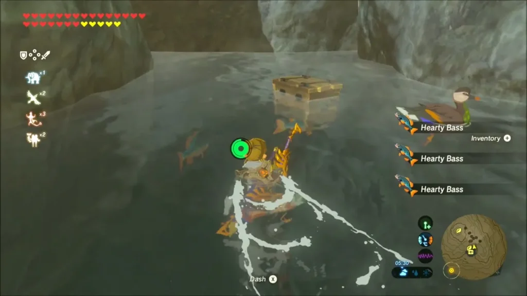 Link swimming in a flooded cave with bass around him and a chest floating ahead Link swimming in a flooded cave with bass around him and a chest floating ahead