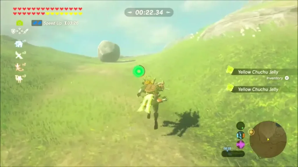 Link sprinting straight up the grassy slope toward the flags Link sprinting straight up the grassy slope toward the flags