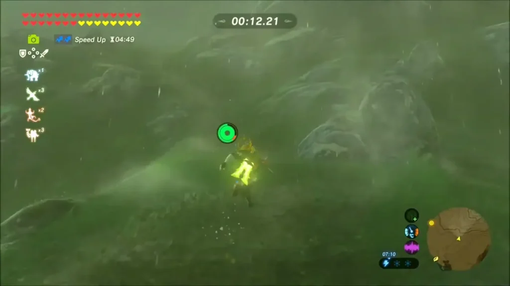Link sprinting up a grassy slope in the rain with the race timer running Link sprinting up a grassy slope in the rain with the race timer running