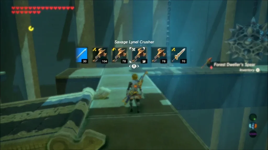 Link on a platform picking up a Forest Dweller's Spear beside a spiked ball Link on a platform picking up a Forest Dweller's Spear beside a spiked ball