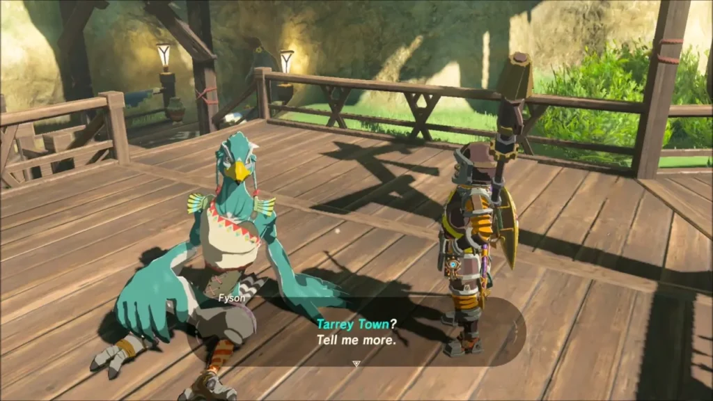 Fyson on the Rito Village deck, asking about Tarrey Town Fyson on the Rito Village deck, asking about Tarrey Town
