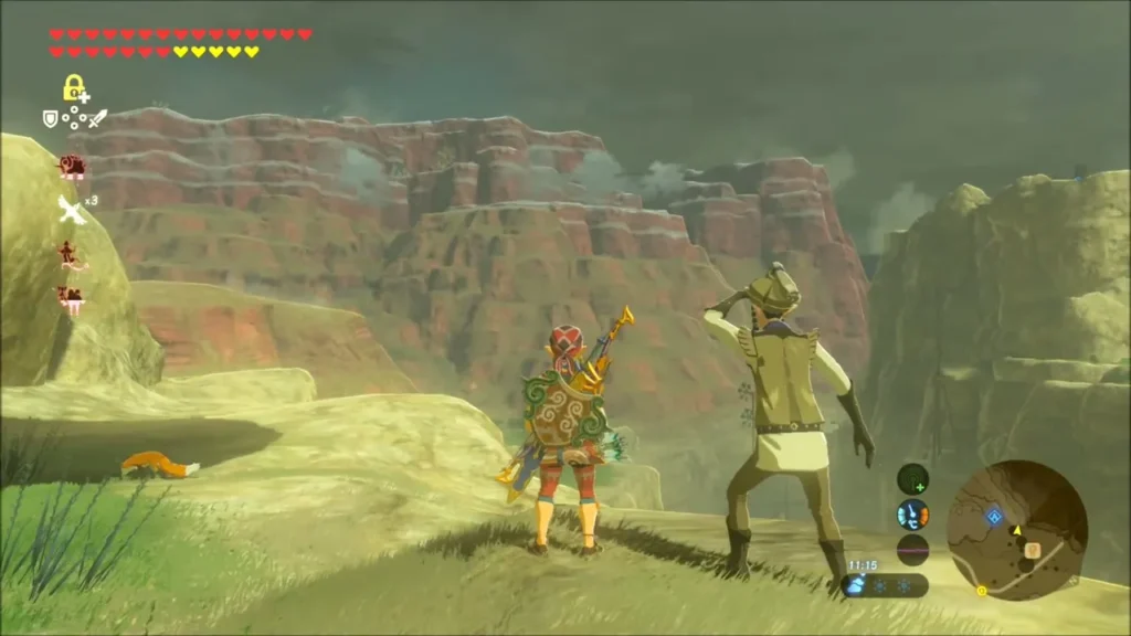 Link and Geggle gazing across the canyon toward the etched cliff Link and Geggle gazing across the canyon toward the etched cliff
