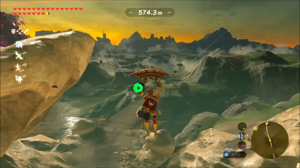 Link gliding high above a wooden bridge at sunset Link gliding high above a wooden bridge at sunset