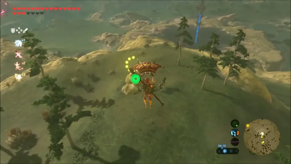Link gliding toward the glowing yellow ring over the hilltop Link gliding toward the glowing yellow ring over the hilltop