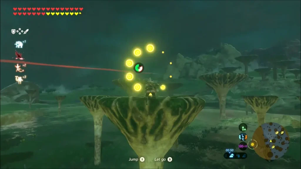 Link on a pillar cap with a Korok seed marker and neighboring pillars around Link on a pillar cap with a Korok seed marker and neighboring pillars around