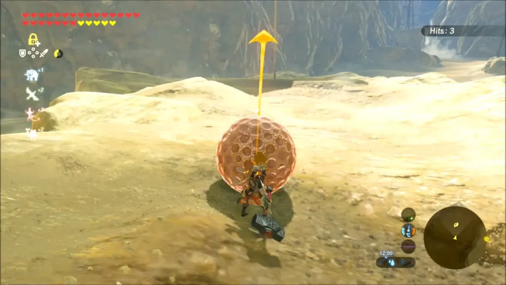 Link behind the golf ball with an arrow marking the shot and three hits counted Link behind the golf ball with an arrow marking the shot and three hits counted