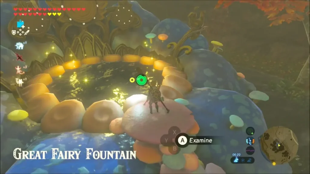 Link standing at the glowing pool of the Great Fairy Fountain Link standing at the glowing pool of the Great Fairy Fountain