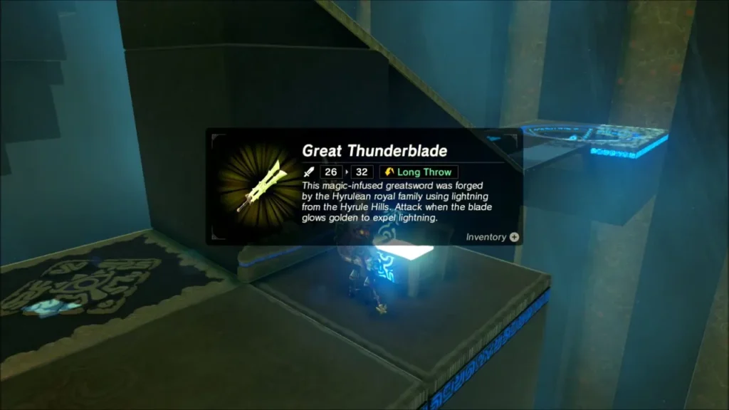 Link opening the chest in Sheem Dagoze Shrine with the Great Thunderblade shown Link opening the chest in Sheem Dagoze Shrine with the Great Thunderblade shown