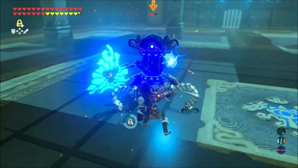 Link fighting the glowing Guardian Scout in the shrine Link fighting the glowing Guardian Scout in the shrine