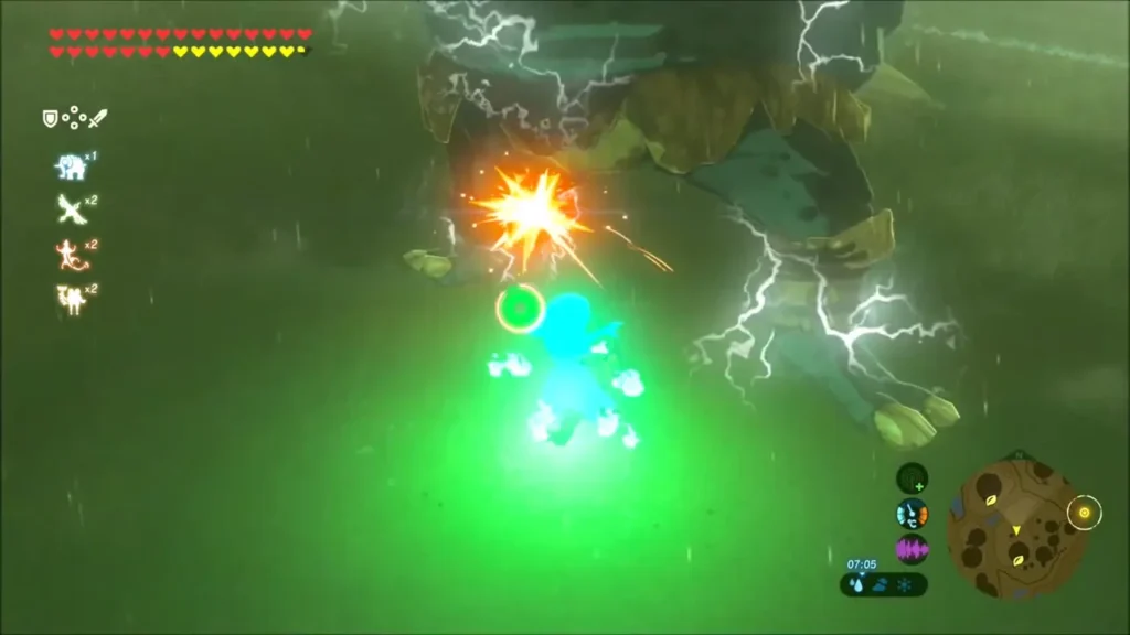 Link landing a hit on the Hinox as lightning crackles around it Link landing a hit on the Hinox as lightning crackles around it