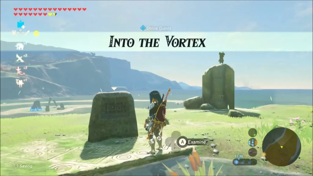 Link at the stone tablet with the Into the Vortex quest banner Link at the stone tablet with the Into the Vortex quest banner