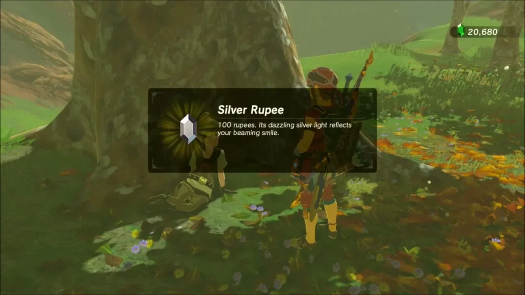 Link receiving a Silver Rupee from Jana beside the tree Link receiving a Silver Rupee from Jana beside the tree