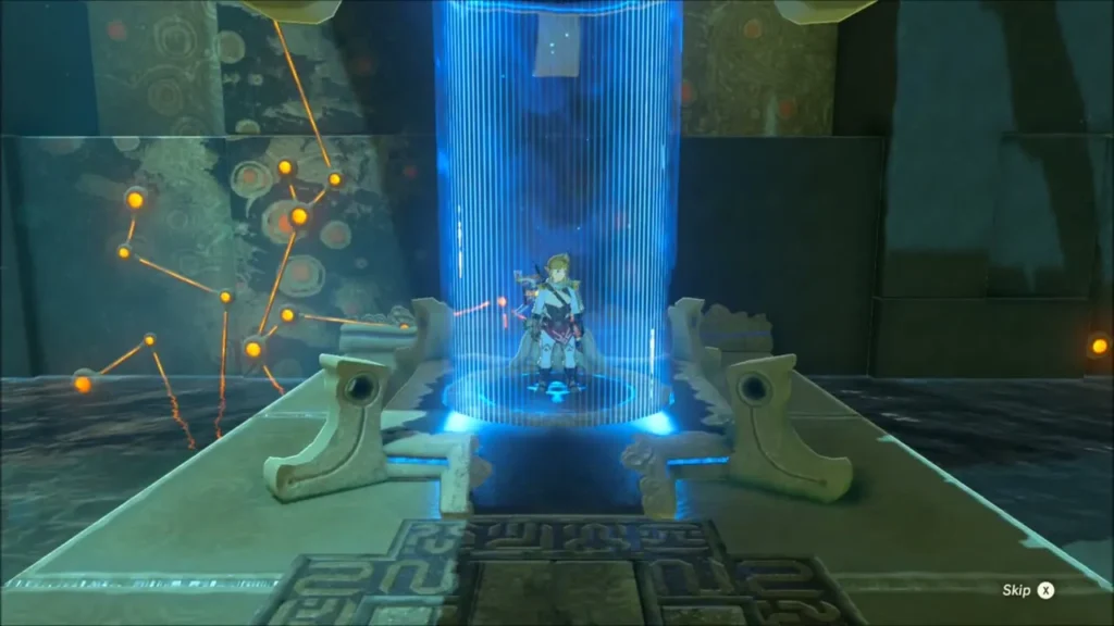 Link standing on the blue entry beam inside Keeha Yoog Shrine Link standing on the blue entry beam inside Keeha Yoog Shrine