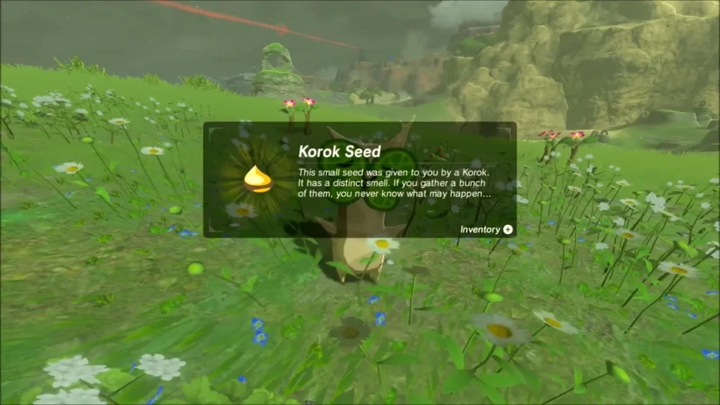 A Korok seed reward over a Korok in a flower meadow A Korok seed reward over a Korok in a flower meadow