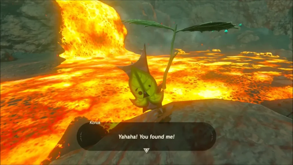 Korok holding up its leaf above the lava saying you found me Korok holding up its leaf above the lava saying you found me