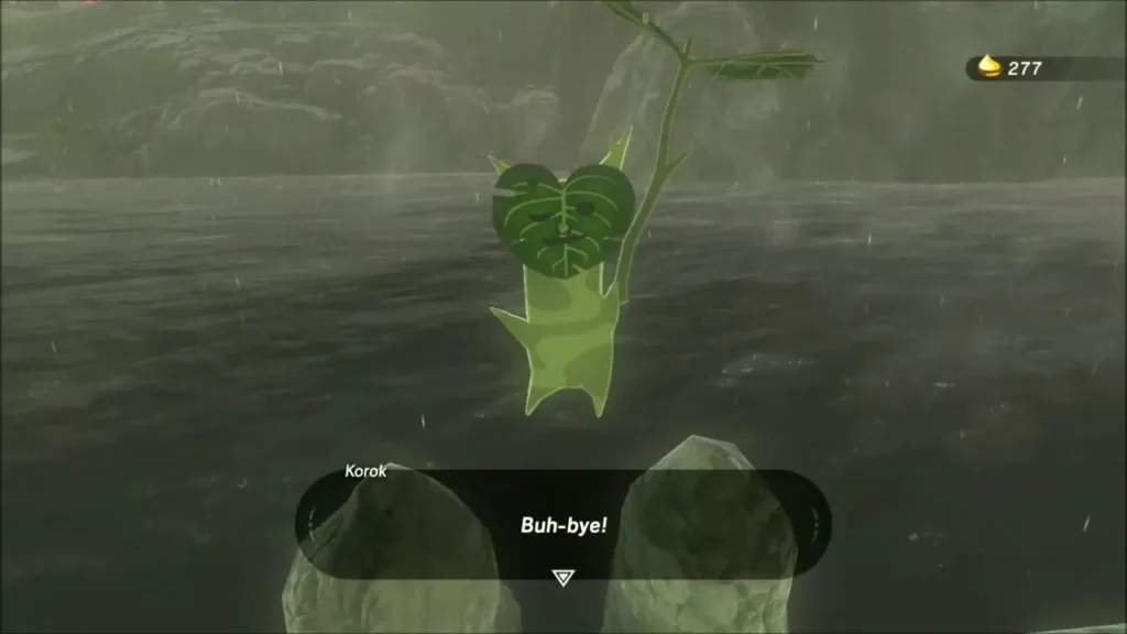 A Korok waving goodbye among rocks at the water's edge A Korok waving goodbye among rocks at the water's edge