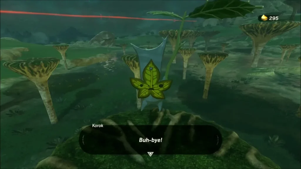 A Korok with a leaf on a mushroom pillar cap saying goodbye A Korok with a leaf on a mushroom pillar cap saying goodbye