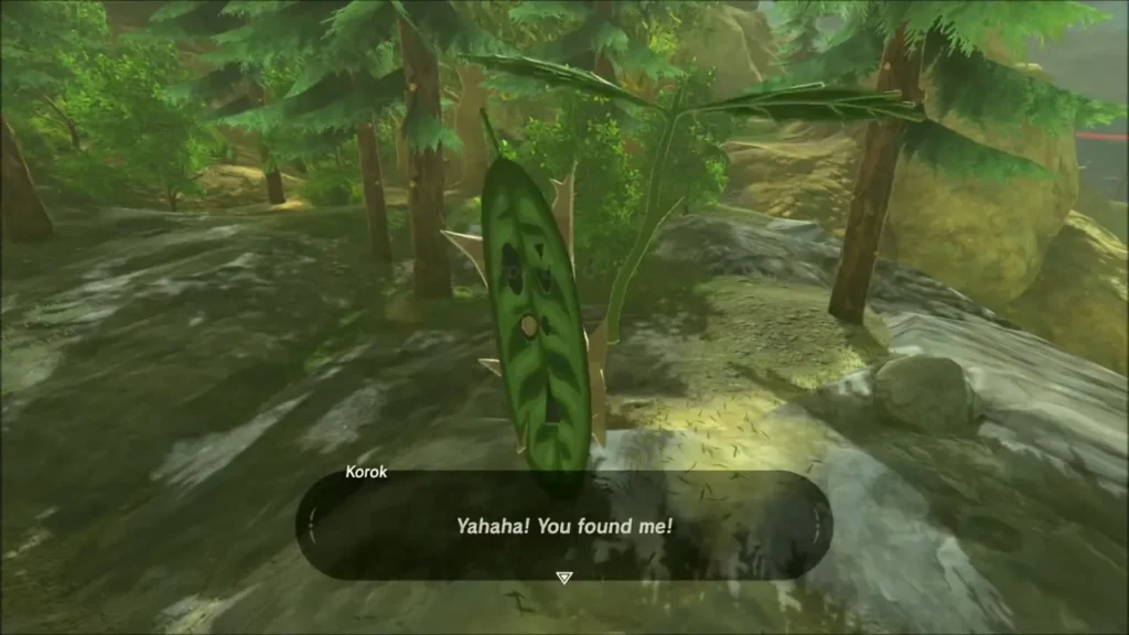 A Korok hiding behind a leaf-like plant on a rocky ledge A Korok hiding behind a leaf-like plant on a rocky ledge
