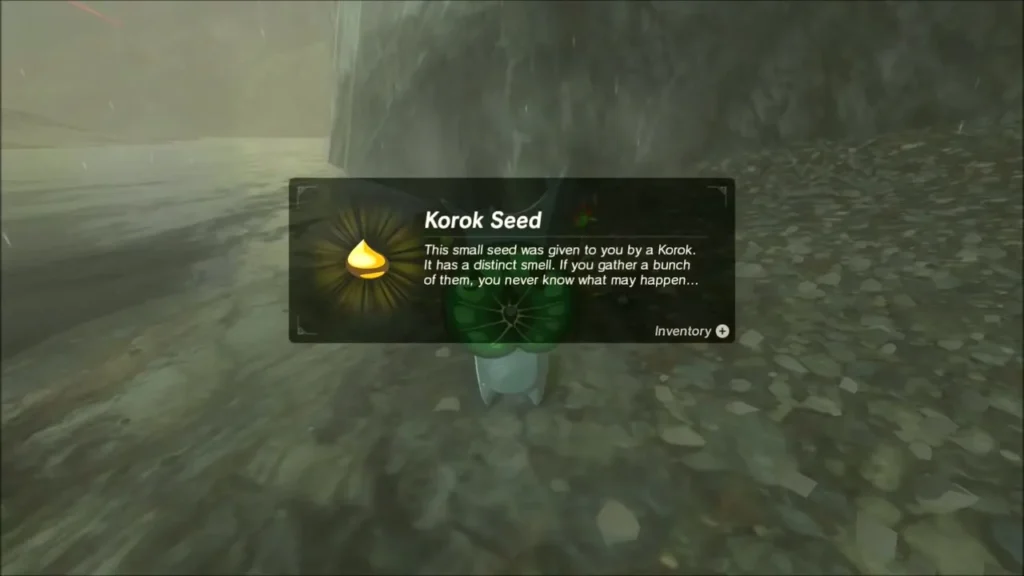 A Korok seed reward box over a Korok on the stony lake shore A Korok seed reward box over a Korok on the stony lake shore