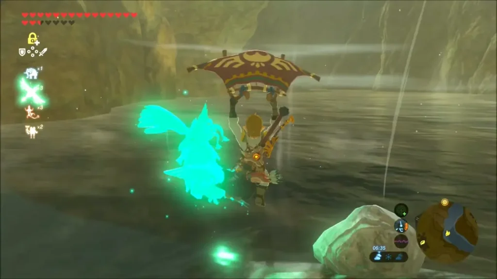 Link gliding over the stream as the Korok spirit appears beside him Link gliding over the stream as the Korok spirit appears beside him