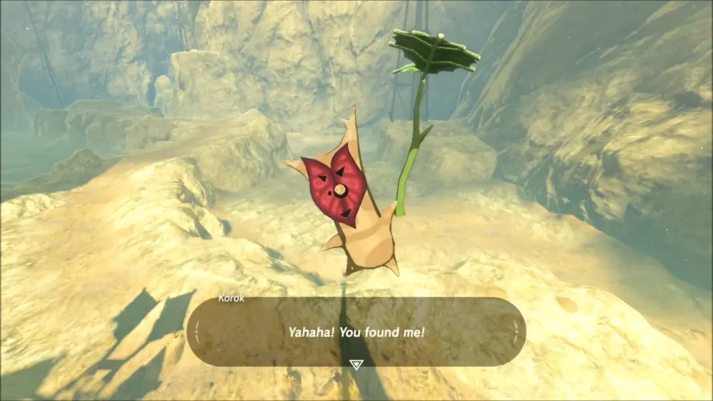 Korok saying Yahaha, you found me, on the sandy ridge Korok saying Yahaha, you found me, on the sandy ridge
