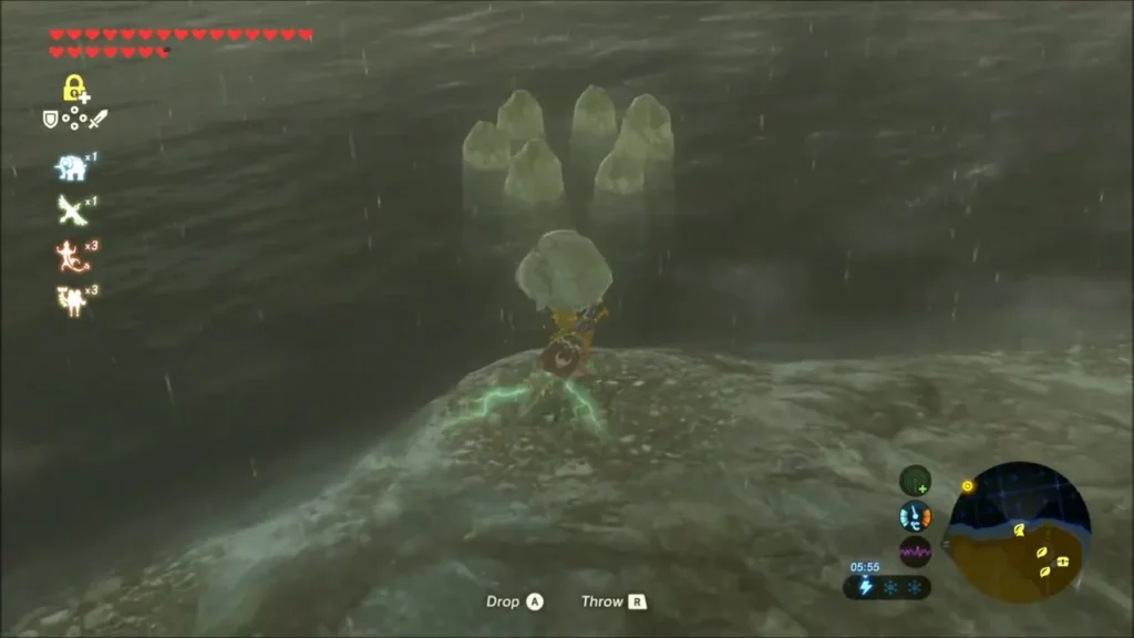 Link carrying a rock beside the lake with stone blocks ahead Link carrying a rock beside the lake with stone blocks ahead