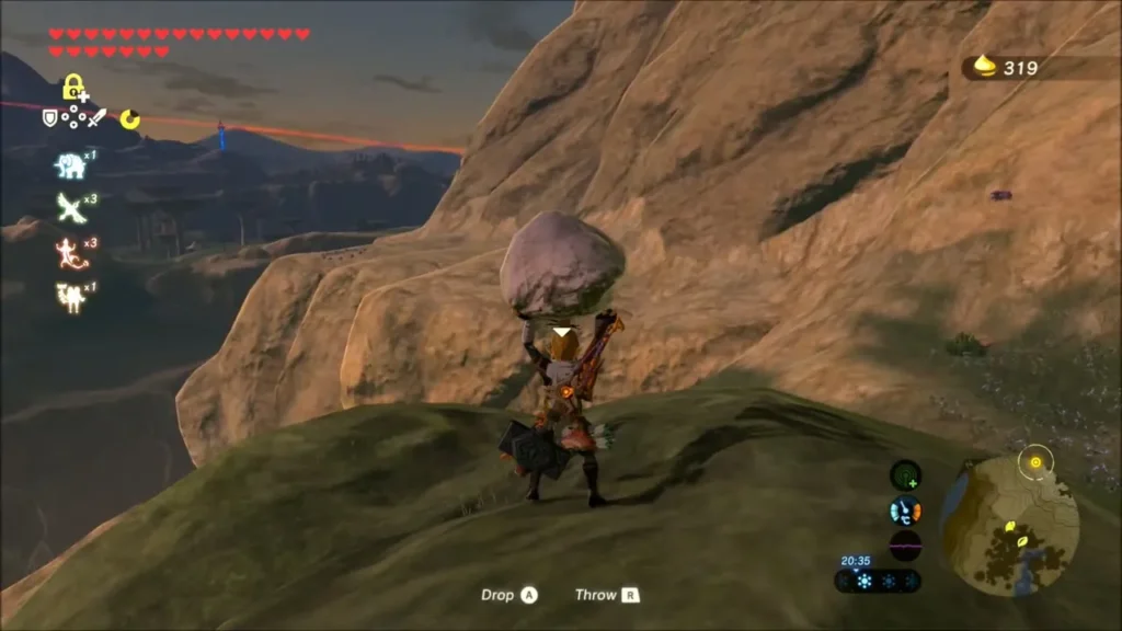 Link holding a rock overhead on a grassy hill at dusk Link holding a rock overhead on a grassy hill at dusk