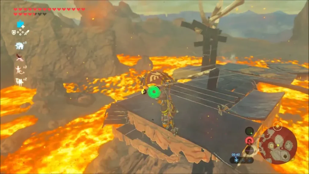 Link on the wooden Lizalfos camp platform above the lava Link on the wooden Lizalfos camp platform above the lava