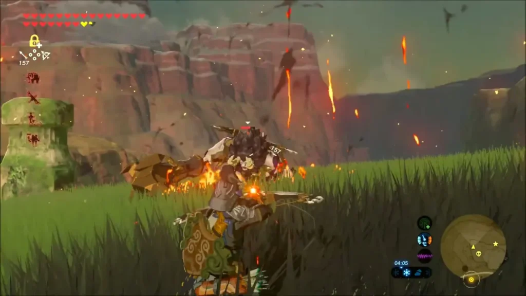 Link with shield up against a Lynel and its burning grass Link with shield up against a Lynel and its burning grass