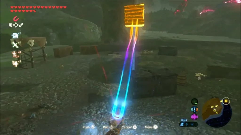 Link moving a metal block with Magnesis beside a stream camp Link moving a metal block with Magnesis beside a stream camp