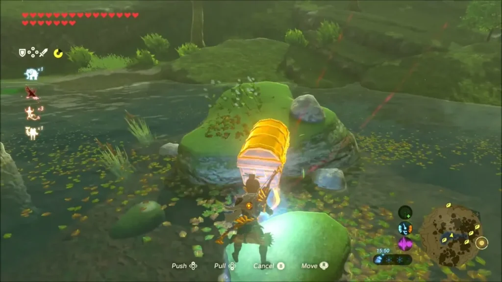 Link using Magnesis to lift a glowing chest from the pond water Link using Magnesis to lift a glowing chest from the pond water