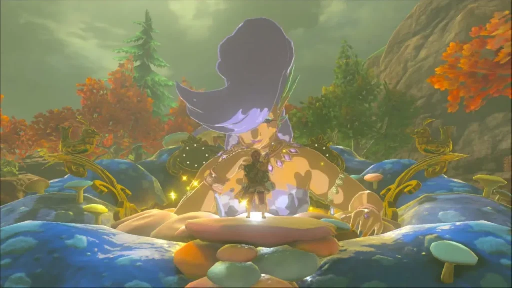 Link standing before Mija in the fountain as she offers armor upgrades Link standing before Mija in the fountain as she offers armor upgrades