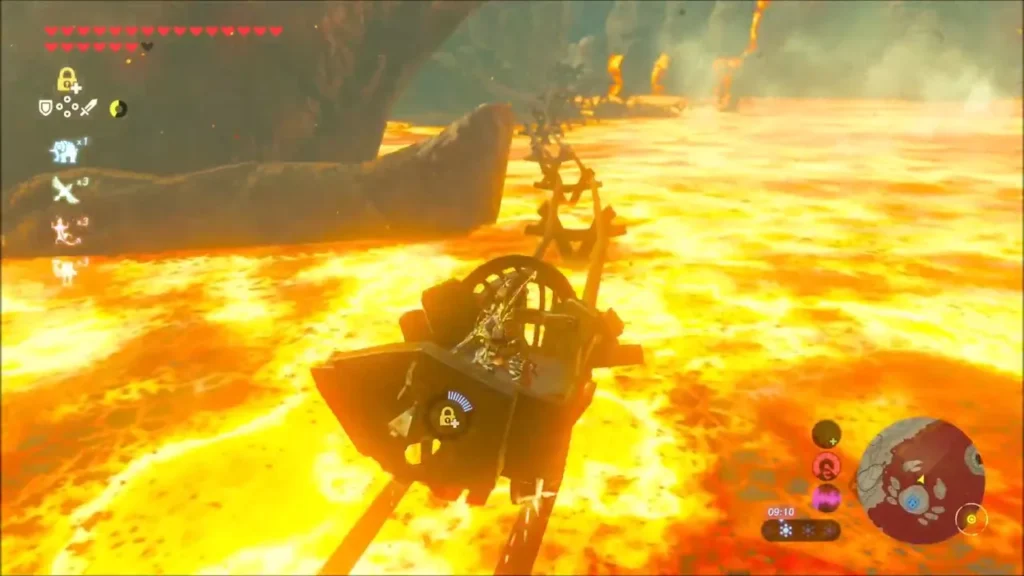 Link riding a rail cart along a track across the molten lava lake Link riding a rail cart along a track across the molten lava lake