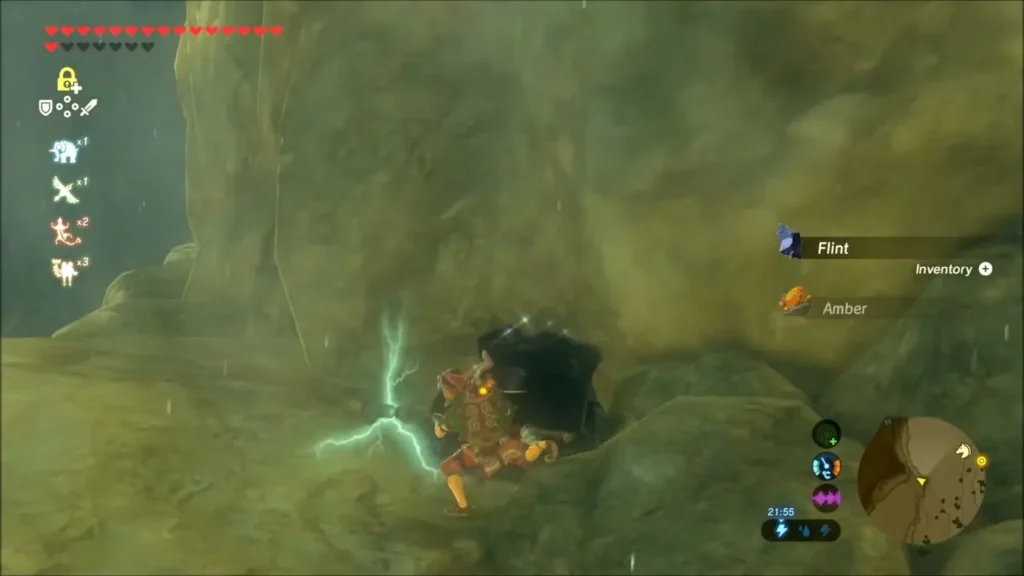 Link mining Flint and Amber in a rainy cave as lightning crackles beside him Link mining Flint and Amber in a rainy cave as lightning crackles beside him
