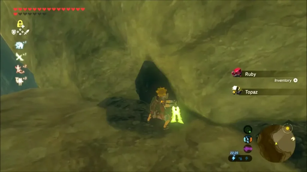 Link picking up Ruby and Topaz in a small cave Link picking up Ruby and Topaz in a small cave