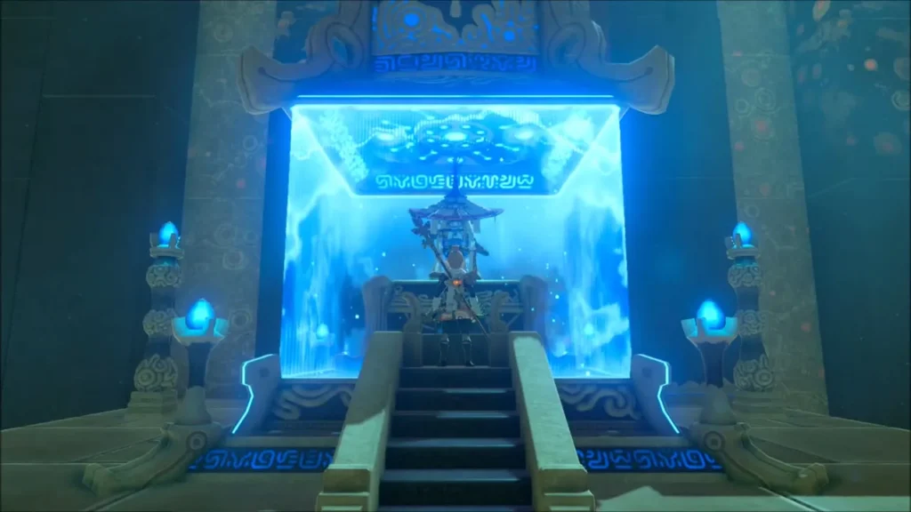 The monk waiting on the altar in the glowing shrine chamber The monk waiting on the altar in the glowing shrine chamber