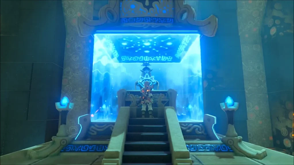 The monk waiting in the glowing altar alcove at the top of the stairs The monk waiting in the glowing altar alcove at the top of the stairs