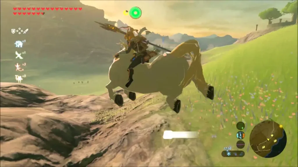 Link clinging to a rearing pale horse as he mounts it Link clinging to a rearing pale horse as he mounts it