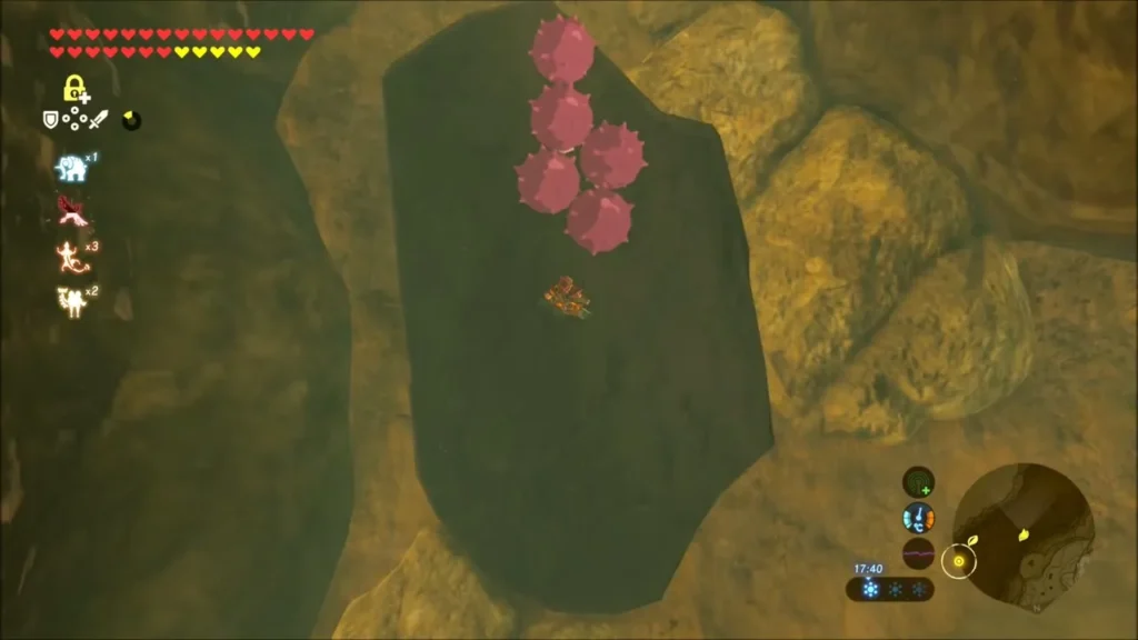 Octo Balloons lifting a large stone slab with Link below Octo Balloons lifting a large stone slab with Link below