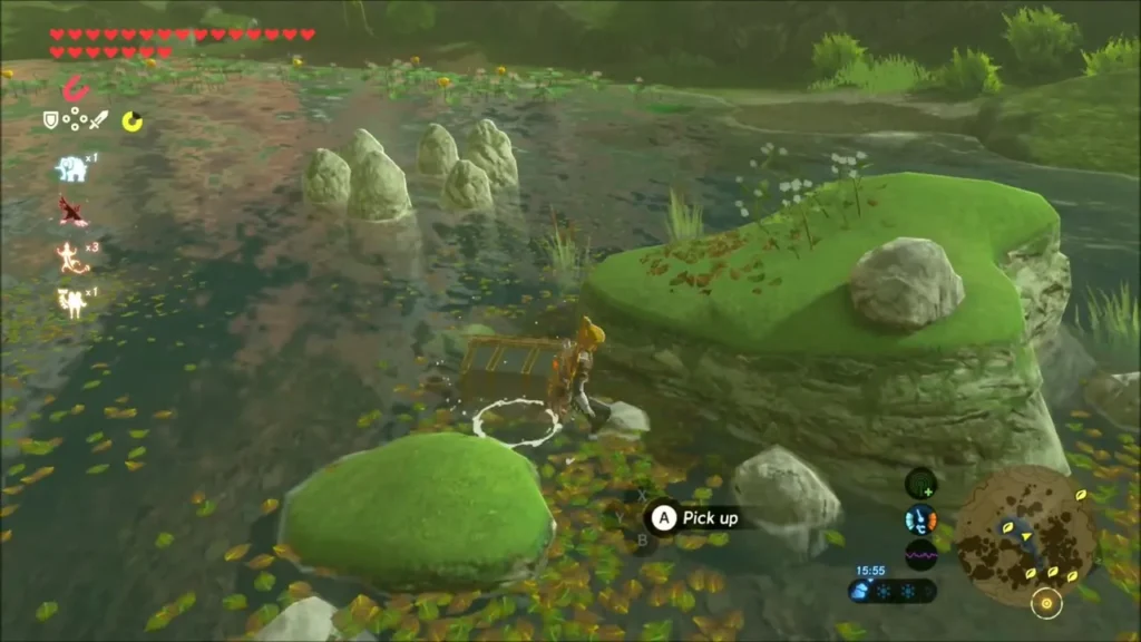 Link beside a ring of small standing stones in a pond, about to pick up a rock Link beside a ring of small standing stones in a pond, about to pick up a rock