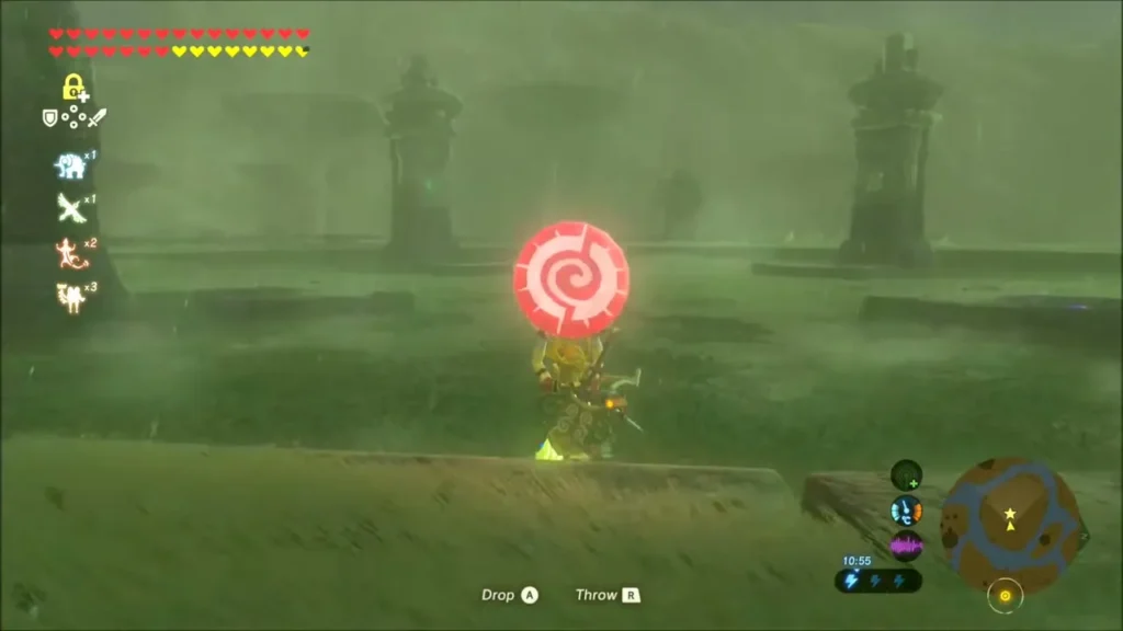 Link carrying the red spiral orb across the grassy plateau between stone pillars Link carrying the red spiral orb across the grassy plateau between stone pillars