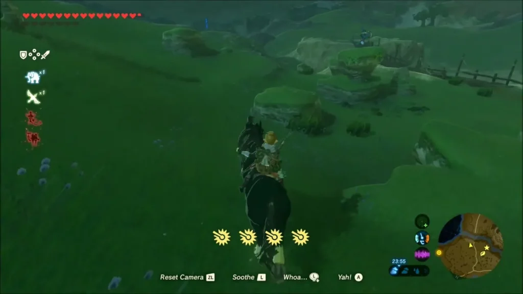 Link riding a dark horse across green hills toward the bridge Link riding a dark horse across green hills toward the bridge