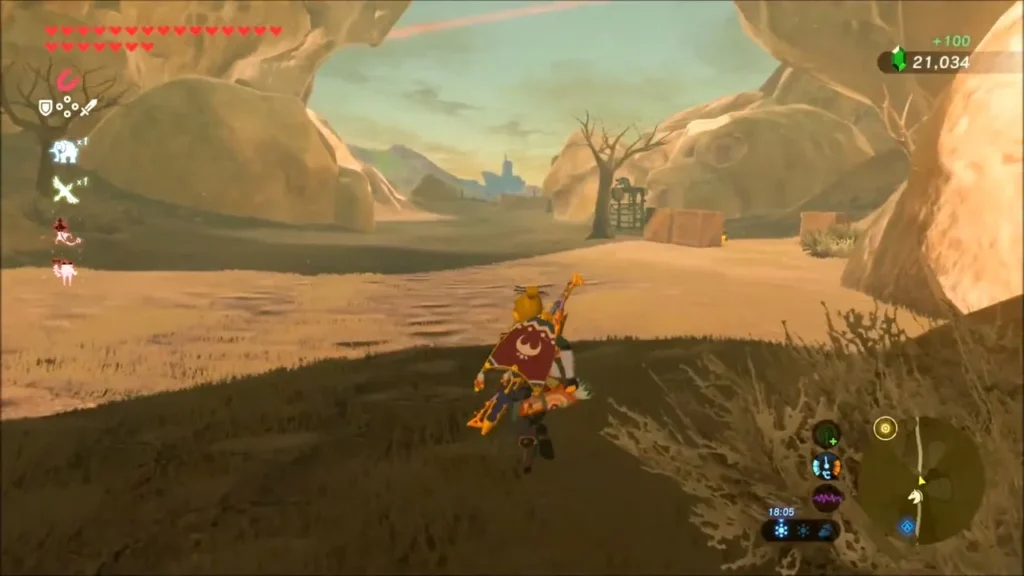 Link in the bone-strewn hollow with a stilt camp in the distance Link in the bone-strewn hollow with a stilt camp in the distance