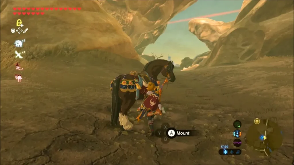 Link about to mount his horse in a rocky canyon Link about to mount his horse in a rocky canyon