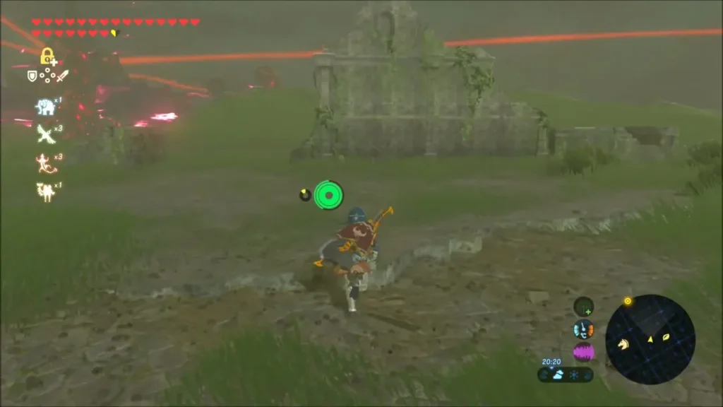 Link approaching a ruined stone wall across the paved ruins Link approaching a ruined stone wall across the paved ruins