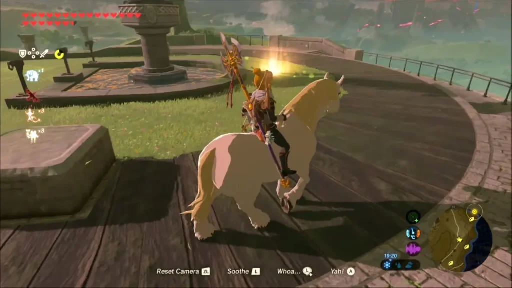 Link on horseback beside a glowing spot on the park's wooden terrace Link on horseback beside a glowing spot on the park's wooden terrace
