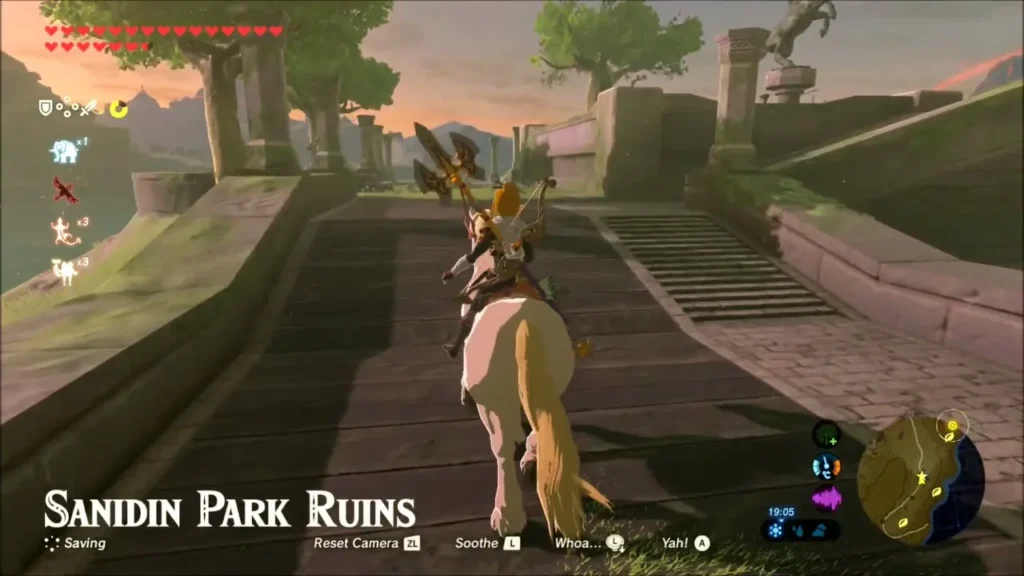 Link riding toward the stairs of Sanidin Park Ruins at dusk Link riding toward the stairs of Sanidin Park Ruins at dusk