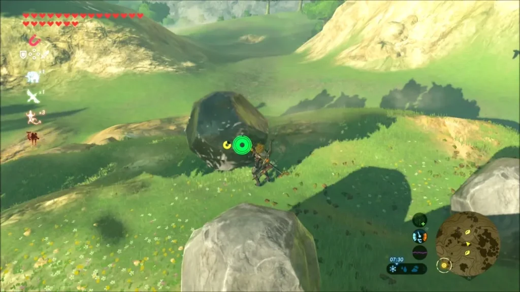 Link aiming Stasis at a boulder on the grassy hillside Link aiming Stasis at a boulder on the grassy hillside
