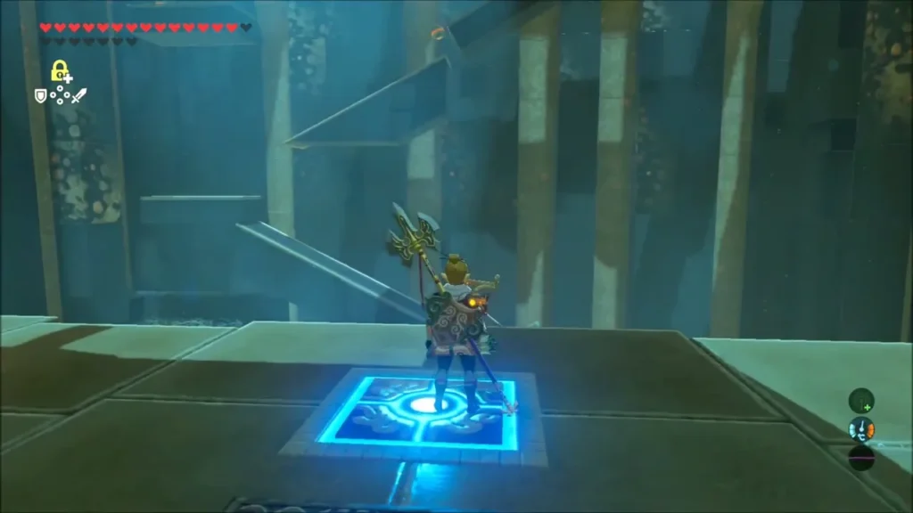 Link standing on a glowing floor switch inside Sheem Dagoze Shrine Link standing on a glowing floor switch inside Sheem Dagoze Shrine