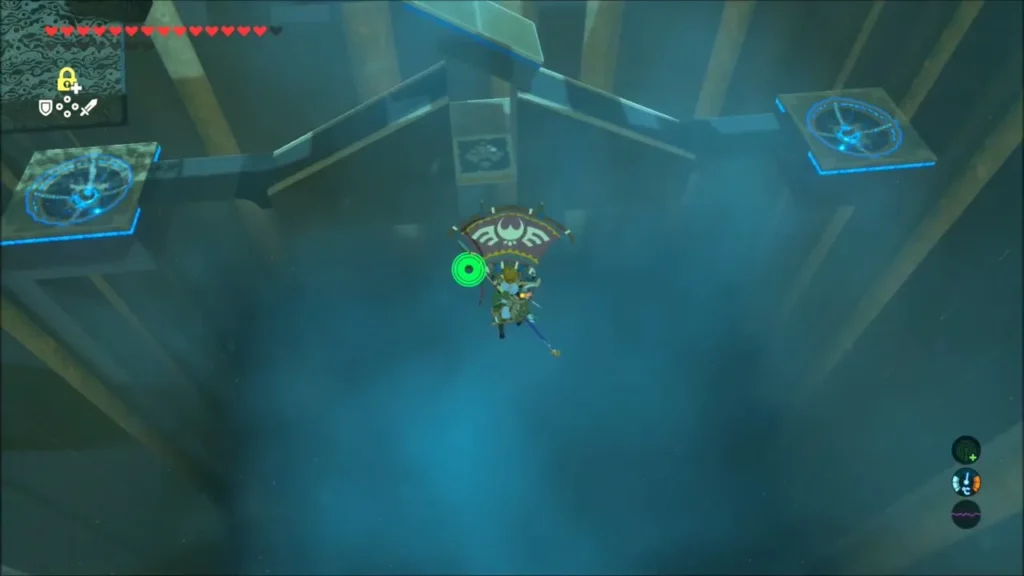Link gliding across the open shrine room toward the chest platform Link gliding across the open shrine room toward the chest platform